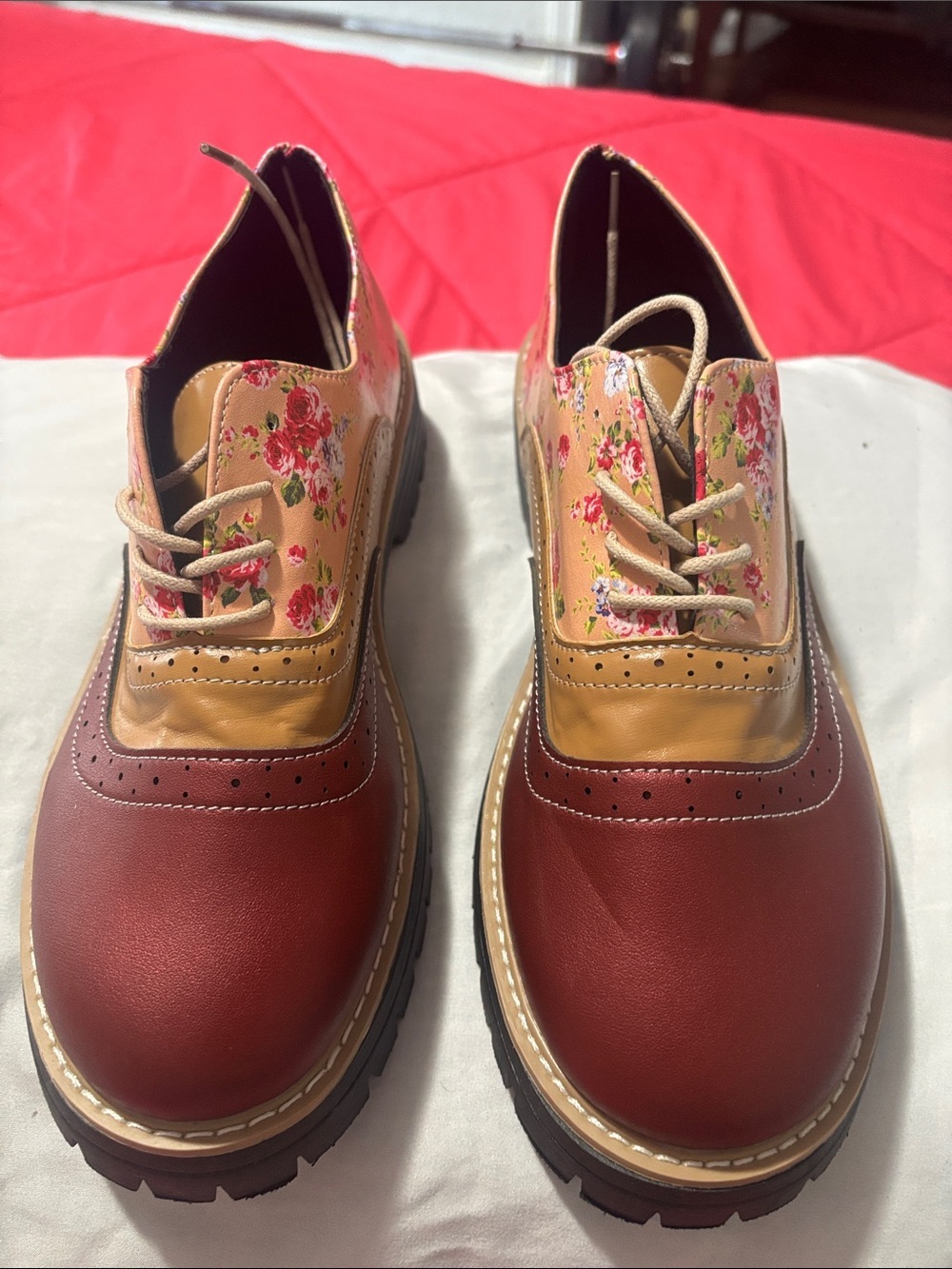 Floral Accent Two-Tone Oxford Flats - Burgundy & Tan - Picture 2 of 7